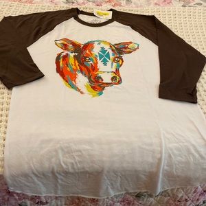 NWT Crazy Train 3Q sleeve baseball jersey style cow tee.  Size Large